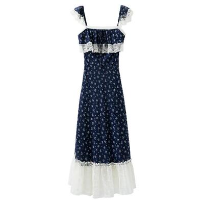 夕蒙2026新款春夏韩系气质裙子海边度假收腰藏蓝色碎花拼接连衣裙