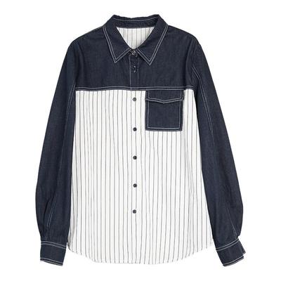 ELLE摩登牛仔条纹撞色衬衫