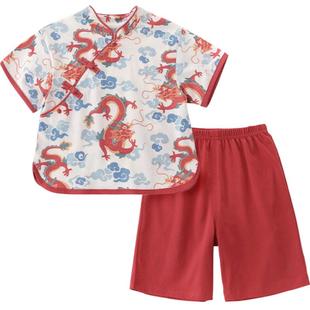 周岁女宝宝礼服夏季短袖男童红色喜庆衣服中国风汉服薄款儿童套装