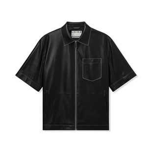 UNICAHOMME/边伯贤同款进口羊皮短袖复古摩登利落真皮男士上衣