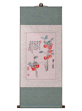 柿柿如意非遗苏绣卷轴挂画