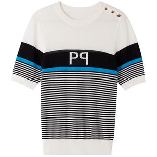 诗篇专选夏圆领减龄学院风条纹提花烫钻短袖毛针织衫