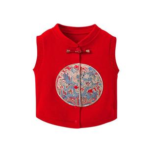 贝肽斯儿童汉服宝宝新中式礼服秋冬中国风盘扣马甲红色开衫上衣S