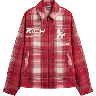 李宁夹克男2026新年红色新款情侣同款上衣翻领复古宽松格子外套女