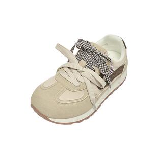 三福女运动鞋春季甜酷复古风圆头慢跑鞋方格织带女鞋853113