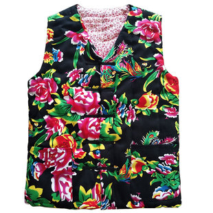 东北大花男棉马甲手工纯棉花面料纯棉V领盘扣民族风休闲服坎肩