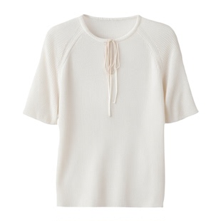 EVAOUXIU【精选】亚麻混纺针织衫肌理感V领薄款短袖红色上衣T女