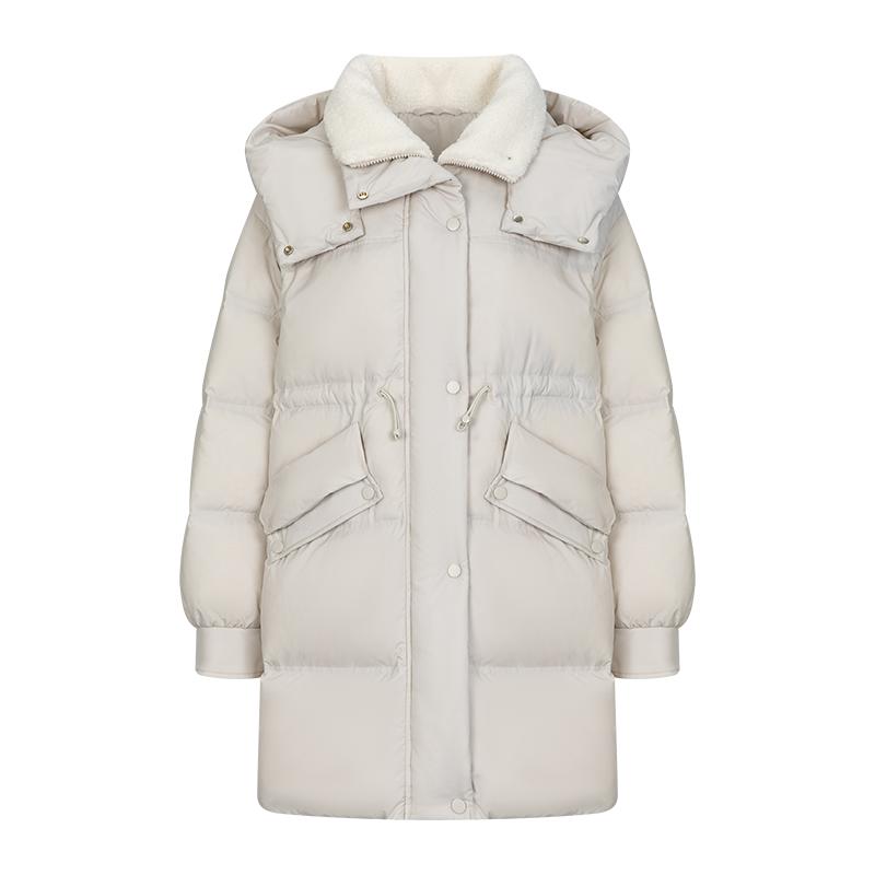 艾莱依羽绒服女冬新款收腰中长款大衣保暖防风休闲仿羊羔毛领外套