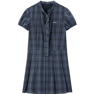 乐町显瘦格纹学院风连衣裙女2026年夏季新款伞状压褶裙摆短袖裙子