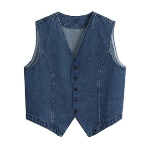 韩版复古蓝色v领牛仔马甲外套女夏小众薄款收腰显瘦短款背心上衣.