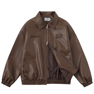 悟空有货复古美拉德刺绣PU皮翻领外套男2026春季百搭机车皮衣夹克