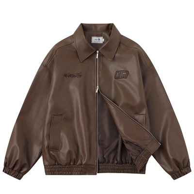 复古美拉德刺绣PU皮翻领外套男