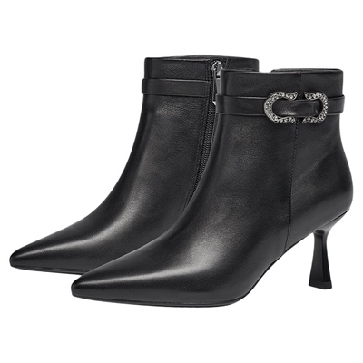 KISSCAT接吻猫25秋新款真皮短靴优雅尖头高跟靴复古细跟时装靴女