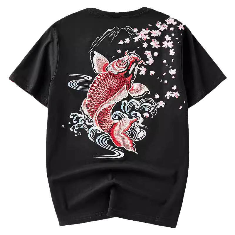 鲤鱼中国风夏季短袖刺绣重工