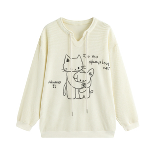 万有引力博物馆「喵汪国度」肌理感面料小V领卫衣女春季宽松上衣