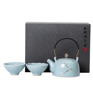 汝窑锔钉一壶两杯礼盒套装｜李辉熠手作复古汝瓷功夫茶具伴手礼