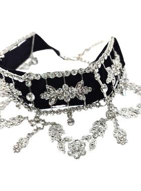 黑色丝绒镶钻锁骨链项链天鹅颈