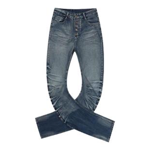 大码美式复古水洗波纹微喇牛仔裤女新款辣妹排扣褶皱直筒显瘦长裤