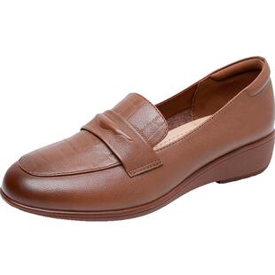 复古真皮乐福鞋女士单鞋坡跟软底妈妈鞋春款女鞋大码防滑休闲皮鞋