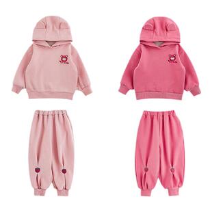 幼悠女童加绒加厚小熊运动套装2025冬季罗纹收束卫衣宽松束脚裤潮