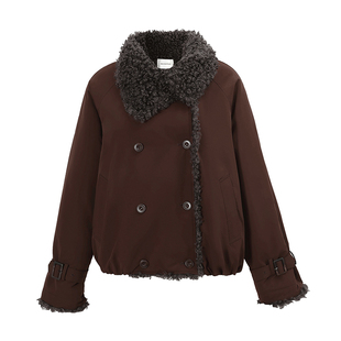 NON RESTRAIN复古翻领羊羔毛派克服外套女时尚双排扣宽松短款棉服