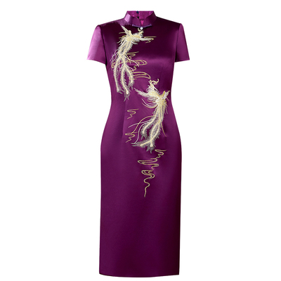 紫色刺绣复古旗袍高档婚礼妈妈装