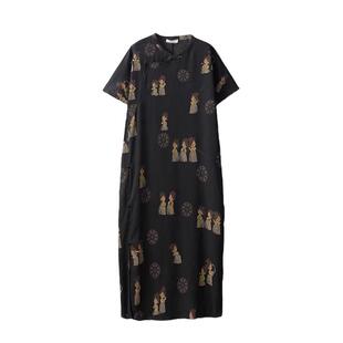 SILVIYE新中式绢纺香云纱桑蚕丝仕女图新中式短袖真丝中长连衣裙