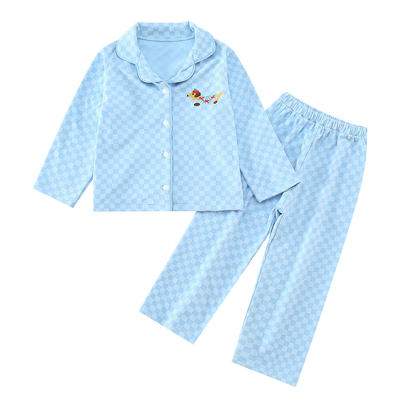 春秋男女童蓝格卡通家居服套装