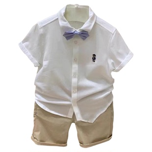 2025夏款童装男童领结绅士短袖衬衣中大童休闲洋气学院风半袖