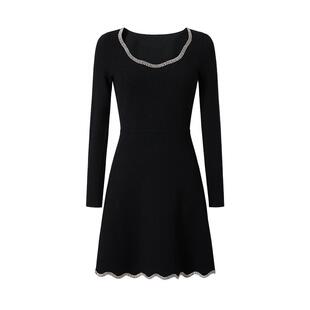 商场同款 摩萨克春钉珠花边领法式收腰长袖针织连衣裙女