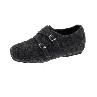 内增高！复古雕花方头乐福鞋女秋冬新款英伦风加绒单鞋黑色小皮鞋