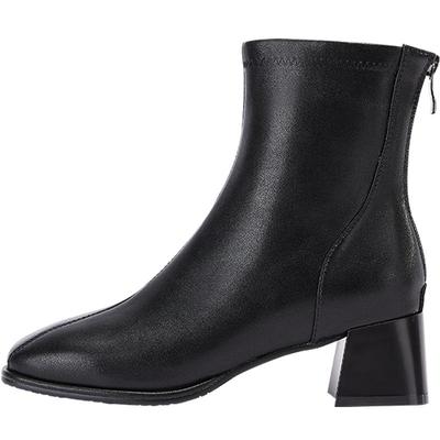 真皮方头粗跟短靴达芙妮法式