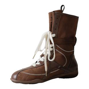 达芙妮棕色马丁靴女2026新款拳击靴冬季靴子加绒瘦瘦中筒德训短靴