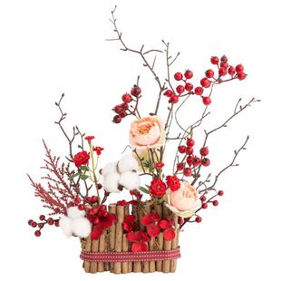 阿楹 玄关乔迁假花摆件新年冬青红果盆栽仿真花干花2026福桶装饰