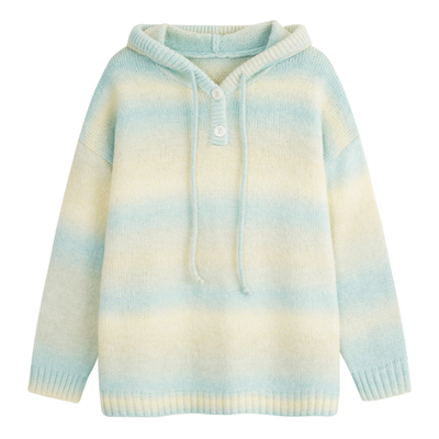 YUZI撞色渐变蓝连帽针织大码毛衣