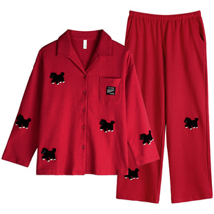 轩靓2026马年本命年睡衣女春秋纯棉长袖秋冬红色华夫格家居服套装