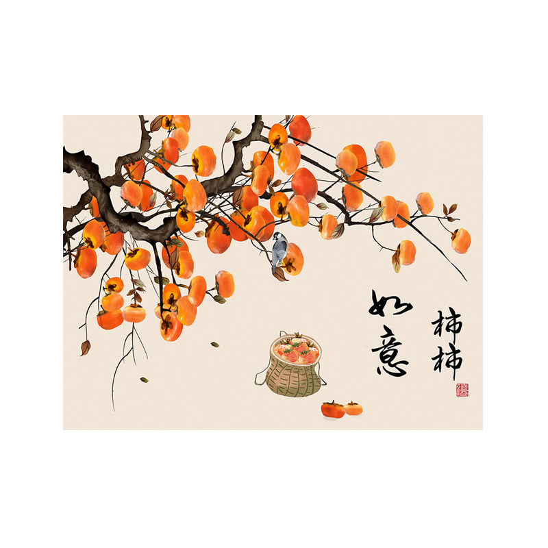 新中式柿柿如意贴画自粘客厅餐厅电表箱装饰画卧室房间背景墙壁纸