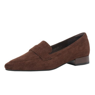 达芙妮粗跟乐福鞋女2026新款冬季尖头平底单鞋棕色通勤一脚蹬皮鞋