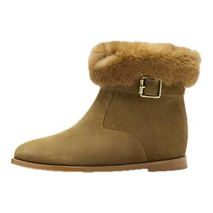 奥莱Nine West/玖熙加绒短靴女卡其牛反绒时尚兔毛领保暖女靴