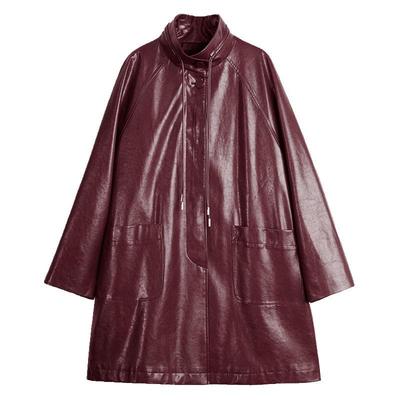 ELLE酒红色摩登皮衣外套