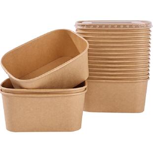 云蕾一次性牛皮纸方圆形带盖餐盒加厚原生木浆PE淋膜便携打包盒