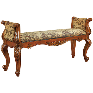 美式乡村实木床尾凳 欧式古典小沙发布艺床边凳 卧室床榻床凳长凳