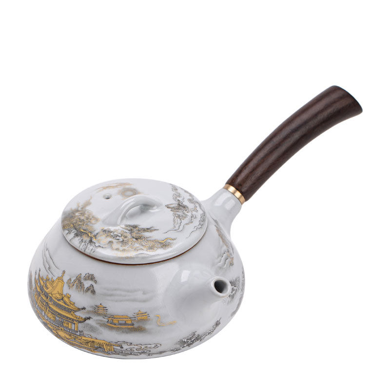 汝窑金山水侧把壶家用防烫陶瓷茶壶新中式高档功夫茶具泡茶壶