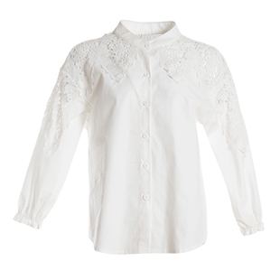 白鹿语拼接蕾丝镂空衬衫秋季新款小立领花边九分袖衬衣减龄上衣女