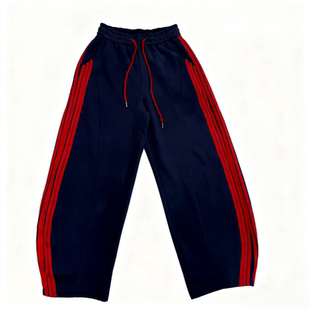 美式潮流高腰侧边条纹弯刀裤女2025冬季新款加绒抽绳松紧腰阔腿裤