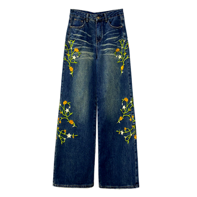 刺绣花设计感水洗牛仔裤女