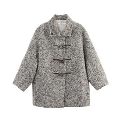 羊驼毛圈圈呢牛角扣大衣