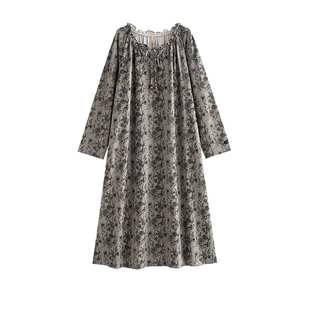 家乐芬睡裙女士睡衣春秋款秋季秋天纯棉长袖水墨连衣裙子显瘦长款