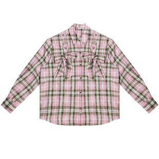 ziziFei秋冬美式复古设计感格纹加厚磨毛宽松粉色格子衬衫外套女