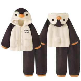 卡通企鹅珊瑚绒睡衣情侣装一男一女秋冬季加绒加厚保暖家居服冬天
